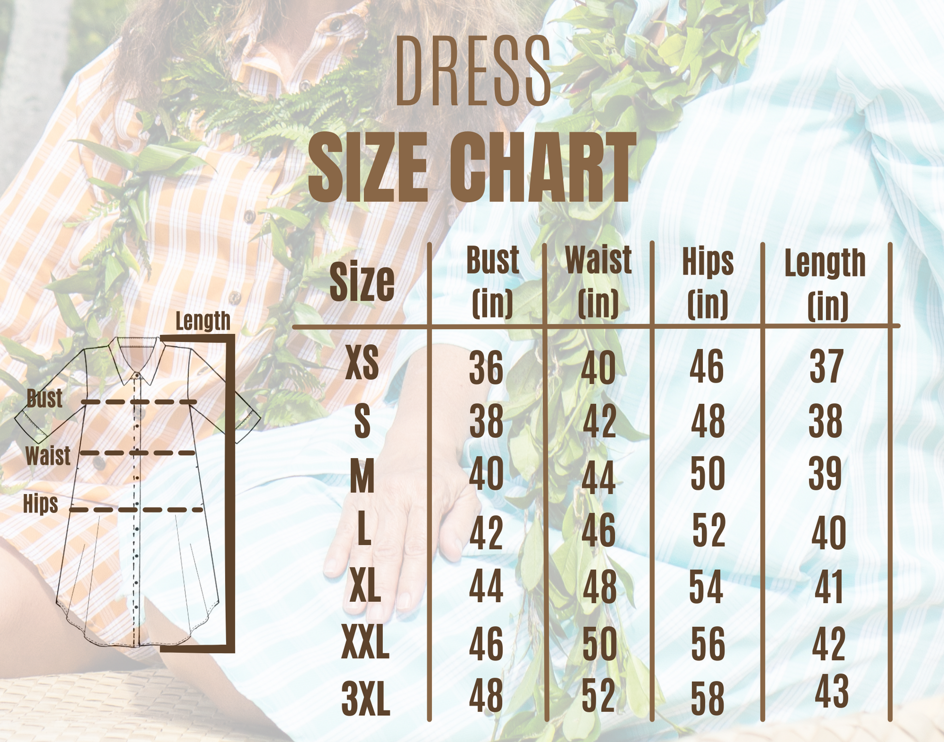 Moana Collection Dress in Kalaunu tone displayed behind a dress size chart with bust, waist, hips, and length measurements.
