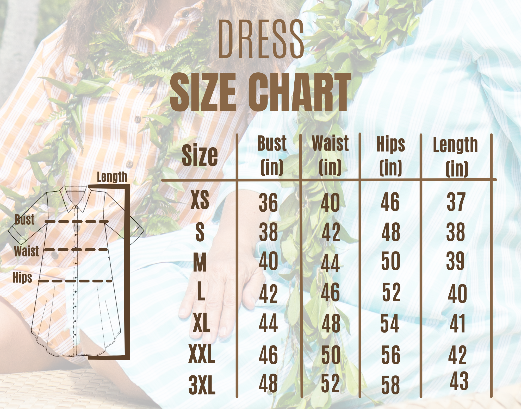 Moana Collection Dress in Kalaunu tone displayed behind a dress size chart with bust, waist, hips, and length measurements.